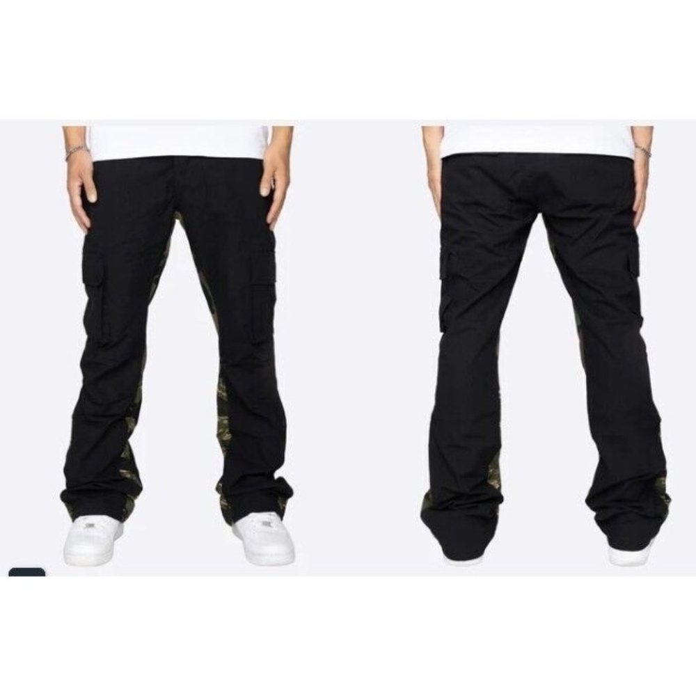 EPTM Pants Black Mens Camo Trim Flared Leg Cargo Pockets Casual NWT Size 32